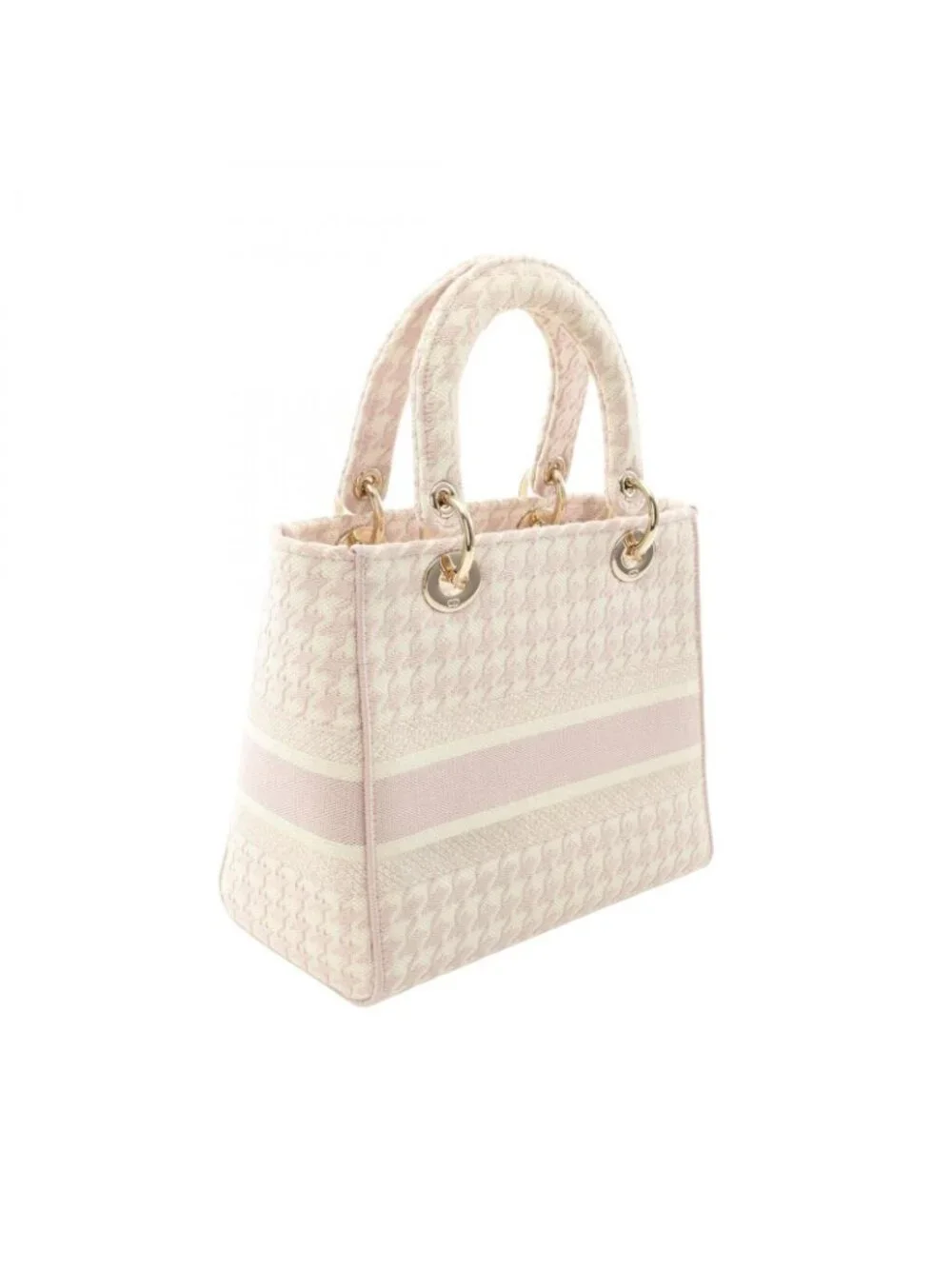 Dior Handbag Lady D-lite Houndstooth 2-Way Pink Ivory Canvas Tote